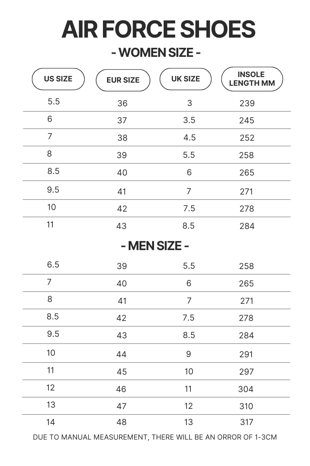 Air Force Shoes Size Chart - Haikyuu Store